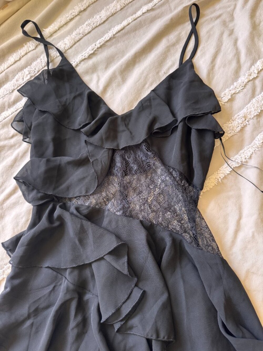 12th Tribe Nyx Black Lace Inset Ruffle Chiffon Maxi Dress Size Large L - Picture 5 of 8